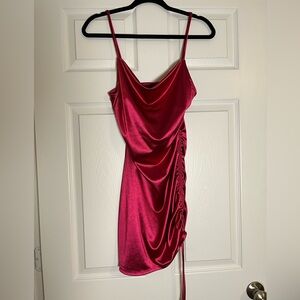 Fuchsia Satin scrunch side detail mini dress